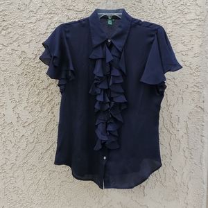 Navy blue silk ruffled blouse